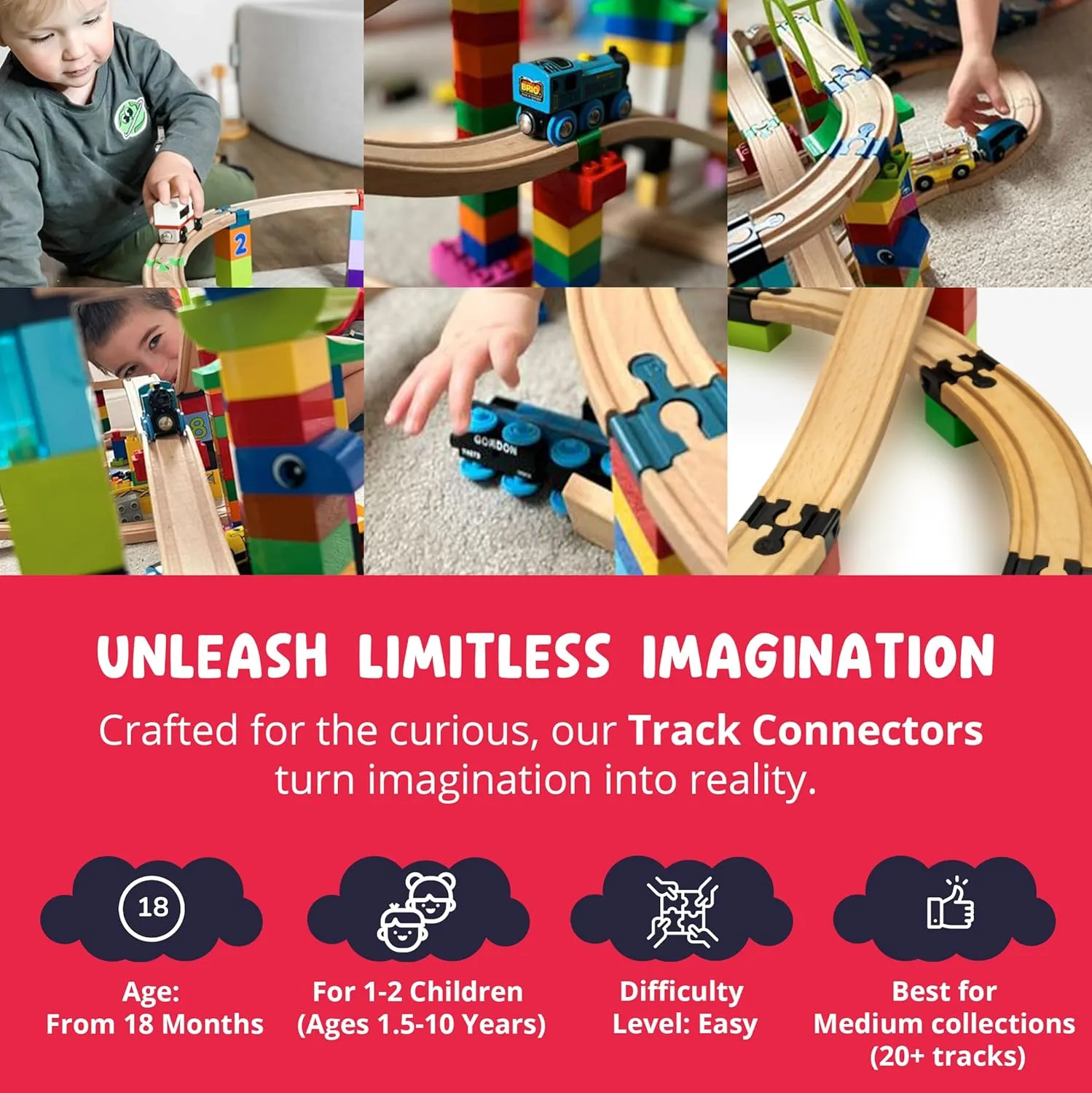 TOY2 Plastic Track Connectors for Wooden Train Set - 20 Compatible Train Connectors for Duplo & Brio Train Set - Spare Parts for Wooden Train Track Set Track Connectors Basis