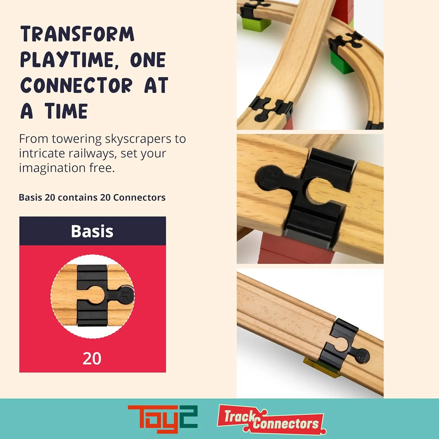 TOY2 Plastic Track Connectors for Wooden Train Set - 20 Compatible Train Connectors for Duplo & Brio Train Set - Spare Parts for Wooden Train Track Set Track Connectors Basis