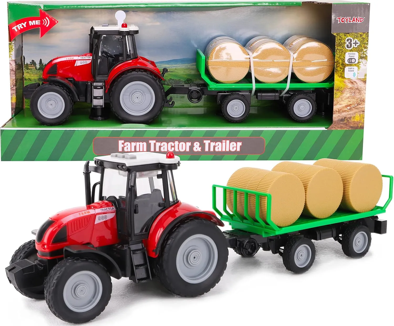 Toyland Tractor and Trailer 37cm Red with Lights and Sound - Farm Toys for Children (Tractor and Ball Trailer)