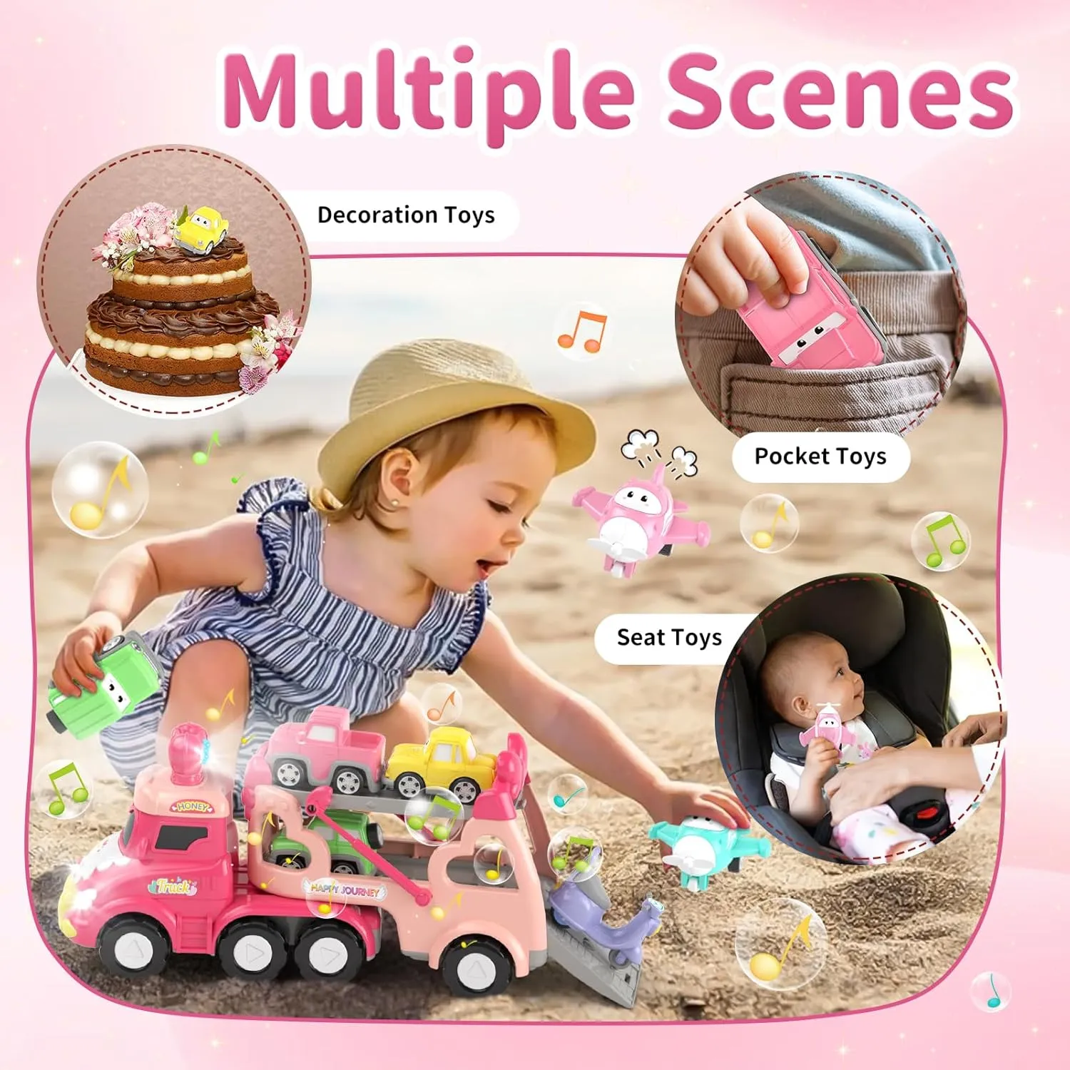 Toys for 1 2 3 Year Old Girl Truck, 7-in-1 Carrier Truck with Light & Music, Toddler Girl Toys Age 1-3 2-4, Princess Toy Trucks for 1 2 3 Year Old Girls Birthday
