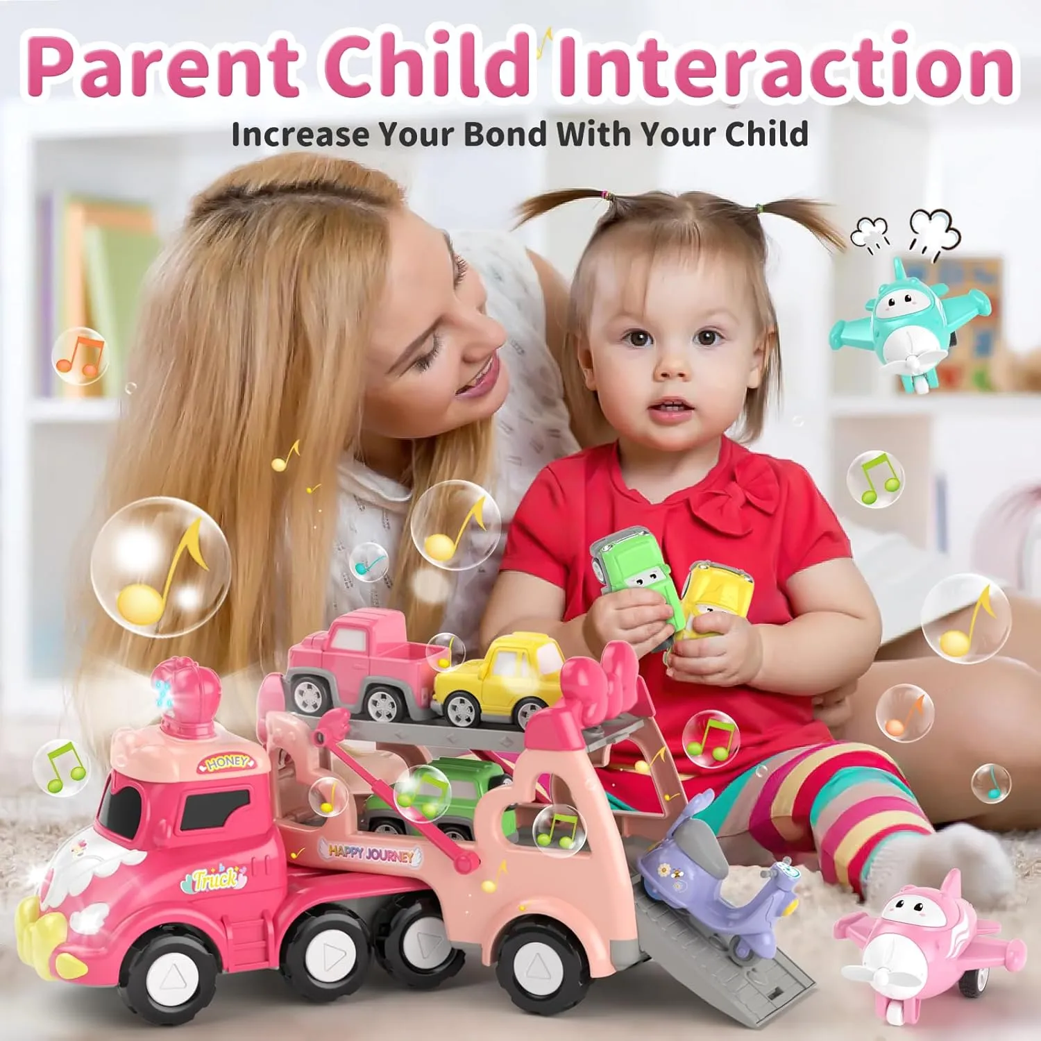 Toys for 1 2 3 Year Old Girl Truck, 7-in-1 Carrier Truck with Light & Music, Toddler Girl Toys Age 1-3 2-4, Princess Toy Trucks for 1 2 3 Year Old Girls Birthday