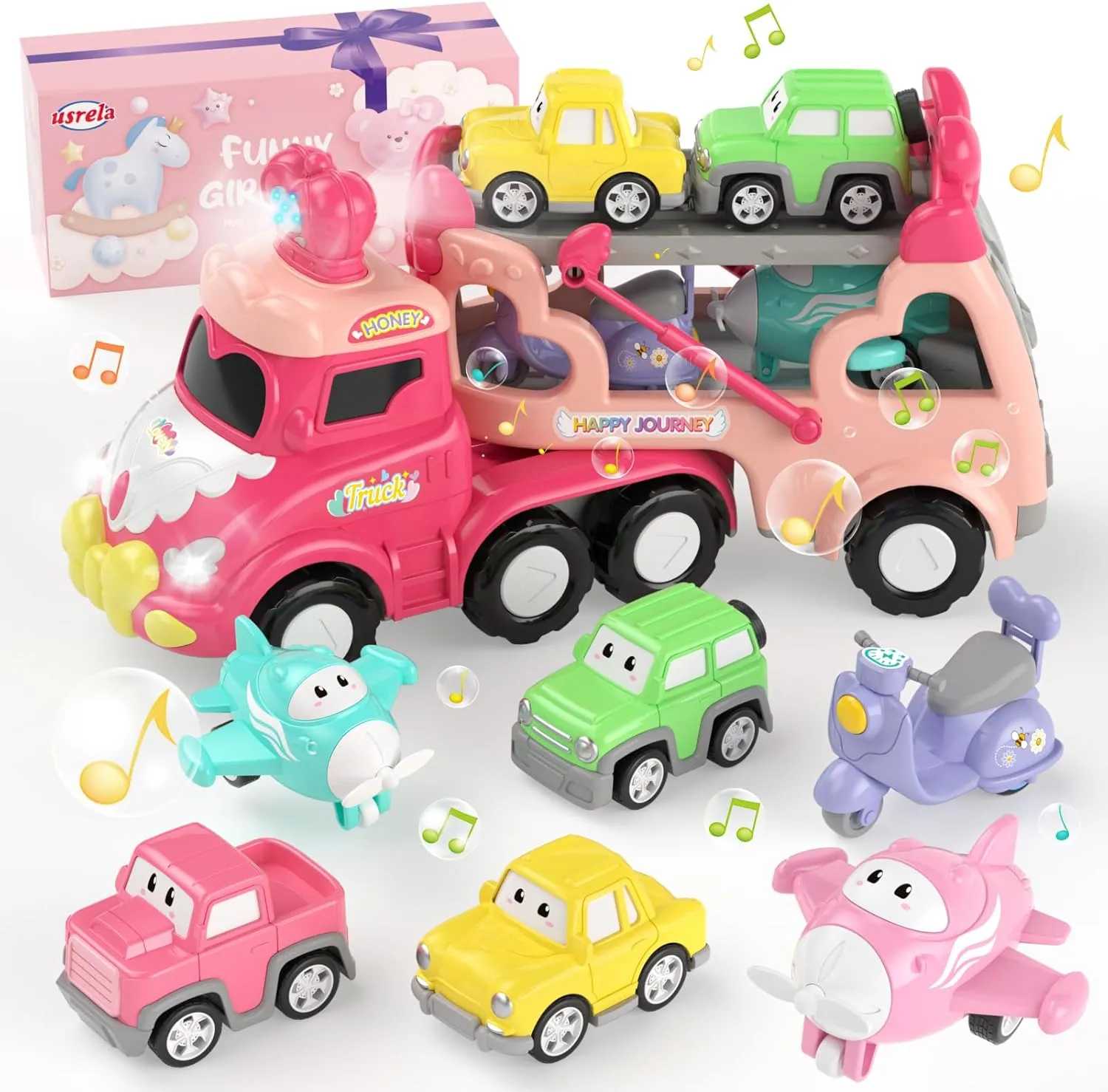 Toys for 1 2 3 Year Old Girl Truck, 7-in-1 Carrier Truck with Light & Music, Toddler Girl Toys Age 1-3 2-4, Princess Toy Trucks for 1 2 3 Year Old Girls Birthday