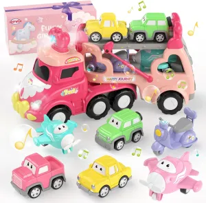 Toys for 1 2 3 Year Old Girl Truck, 7-in-1 Carrier Truck with Light & Music, Toddler Girl Toys Age 1-3 2-4, Princess Toy Trucks for 1 2 3 Year Old Girls Birthday
