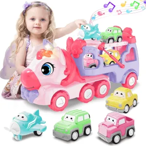 Toys for 3 Year Old Girl, 5-in-1 Unicorn Toys Carrier Truck Toy Cars with Light & Sound,Girl Toddler Toys Age 3-5, 3 4 5 Year Old Girl Birthday Gifts Kids Toys for Girls…