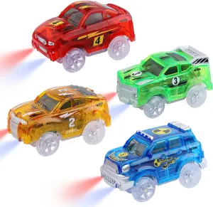 Track Cars Magic Toy Gifts 4 Pack Replacement Track Cars for 3 4 5 6 7 8 Years Old Kids Boys Girls Toy Track Cars with 5 LED Lights Glow in The Dark Compatible with Most Tracks