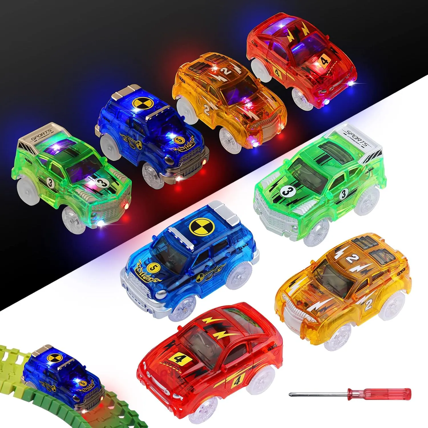 Track Cars Magic Toy Gifts 4 Pack Replacement Track Cars for 3 4 5 6 7 8 Years Old Kids Boys Girls Toy Track Cars with 5 LED Lights Glow in The Dark Compatible with Most Tracks