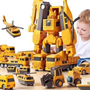 Transforming Robot Toys Set for Boys, 6 in 1 Magnetic Construction Trucks Transform Robot Play Vehicles with Storage Box (Construction Toys)