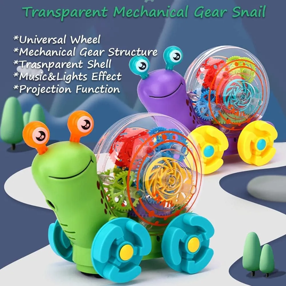 Transparent Gear Snail for Kids, Light-up Electric Car Toy with 3D Gear, Music and Projection Function (Purple)