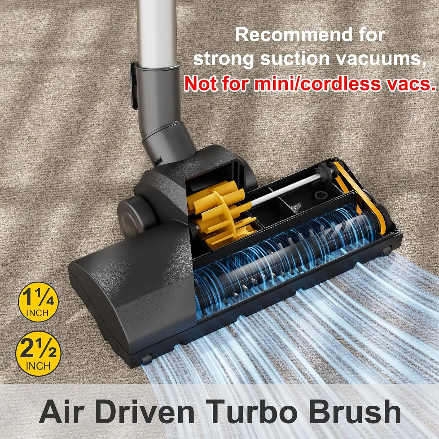 Turbo Brush Head Shop Vac Accessory 1.25" with 2.5" Hose Adapter, as 1-1/4" 2-1/2" Shopvac Attachment Wet Dry Vacuum Adaptor, Ideal for Pet Hair Removal on Carpets Area Rugs Hardfloors