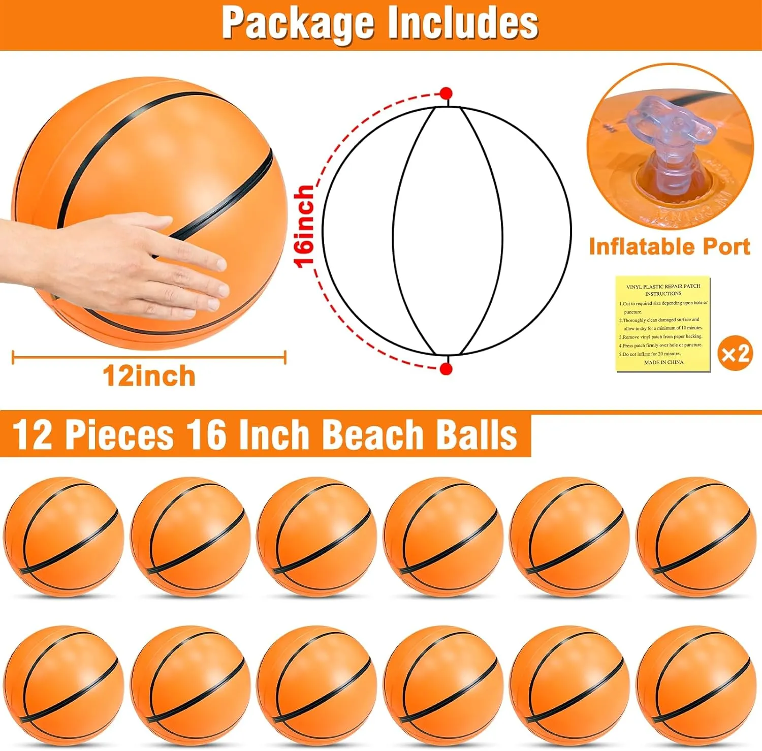 TURNMEON 12 Pack Inflatable Basketball Beach Balls 16 Inch Beach Ball for Pool Beach Party Decorations, Sport Pool Ball Swimming Pool Game Kid Adult Party Favor Pool Sensory Bouncy Toys for Pool Beach