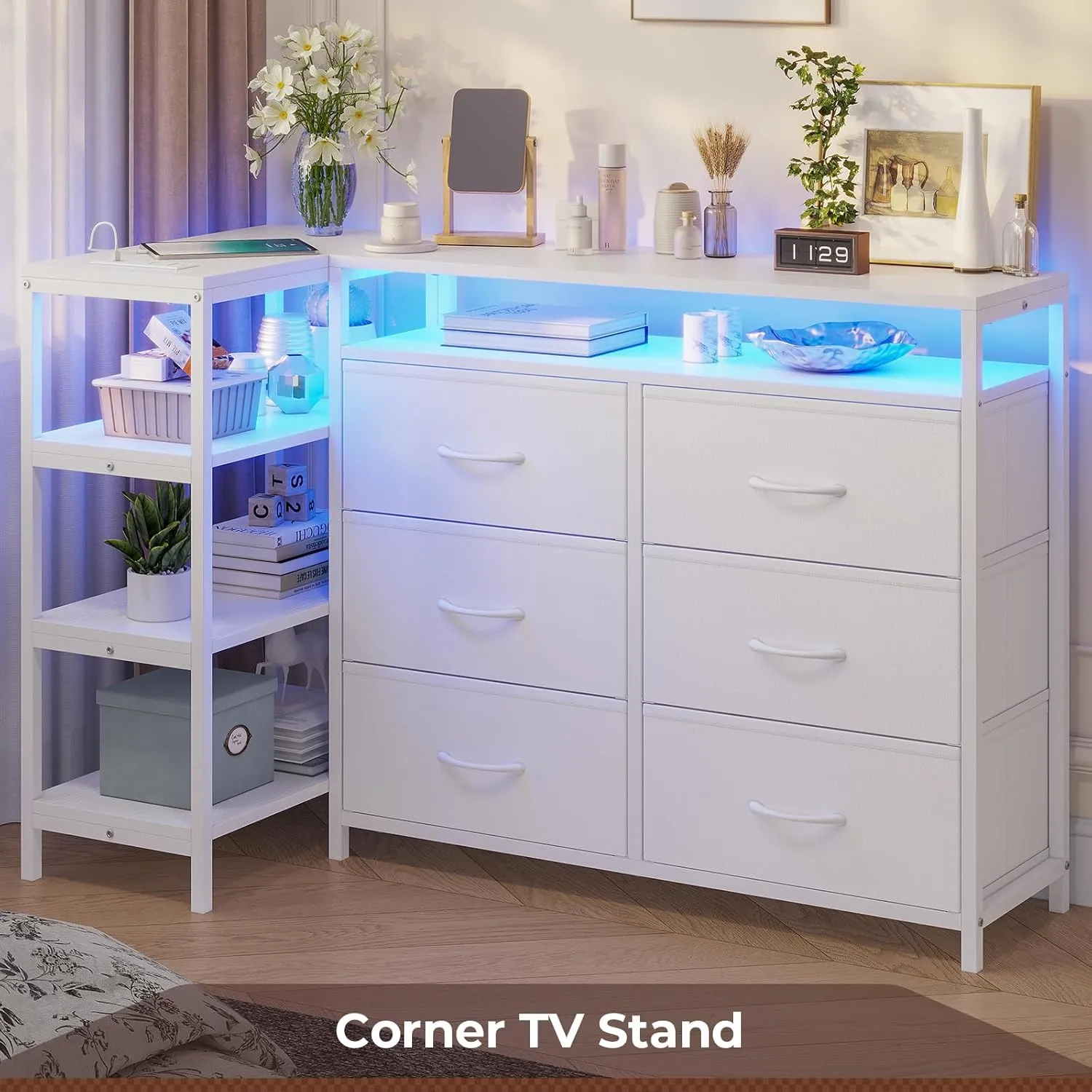 TV Stand for 60 Inch TV,Entertaiment Center with LED Lights & Charging Station,White L Shaped Corner TV Stand with Drawers & Shelves,6 PU Drawers,for Living Room