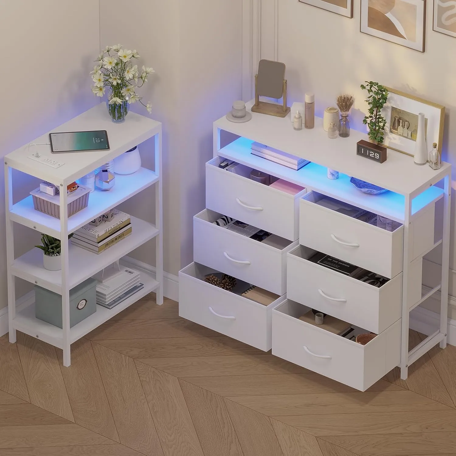 TV Stand for 60 Inch TV,Entertaiment Center with LED Lights & Charging Station,White L Shaped Corner TV Stand with Drawers & Shelves,6 PU Drawers,for Living Room