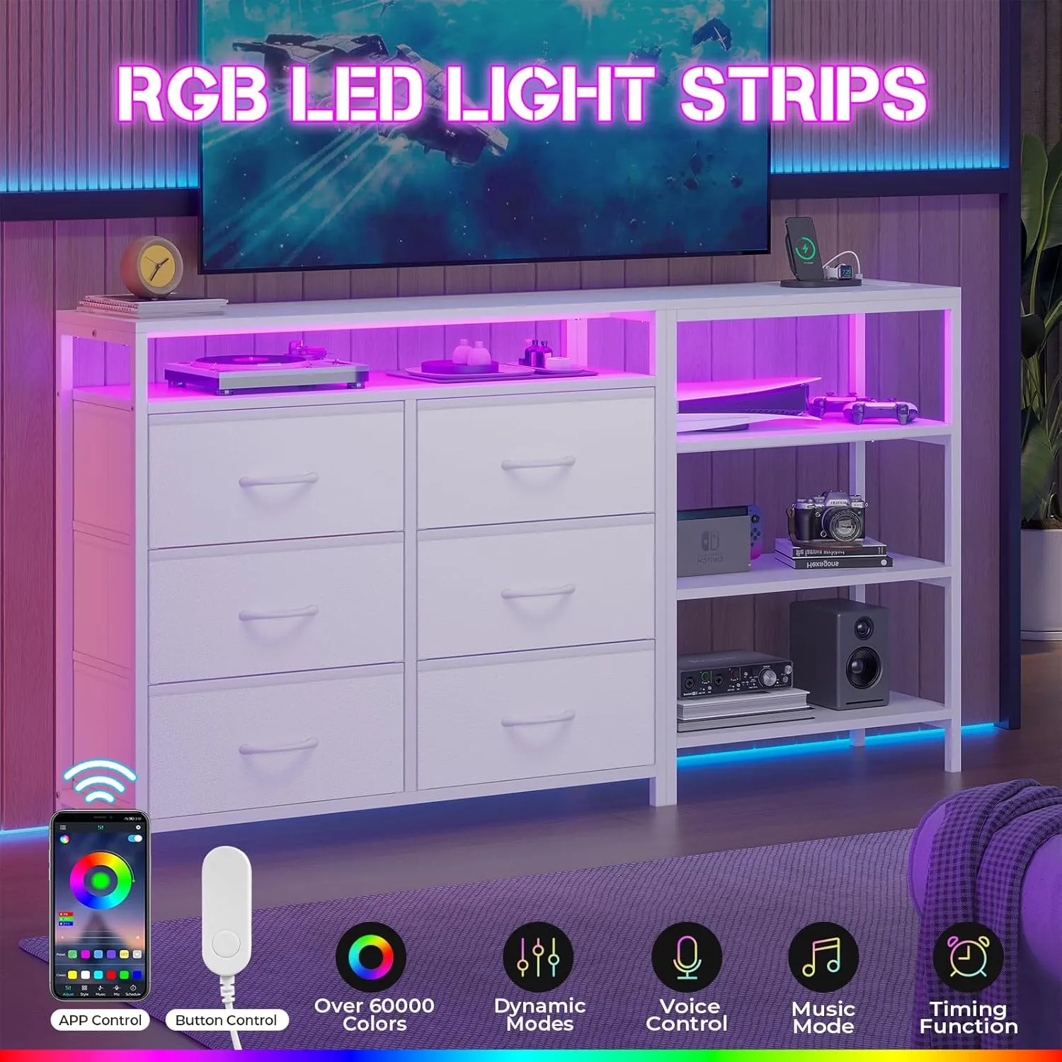 TV Stand for 60 Inch TV,Entertaiment Center with LED Lights & Charging Station,White L Shaped Corner TV Stand with Drawers & Shelves,6 PU Drawers,for Living Room