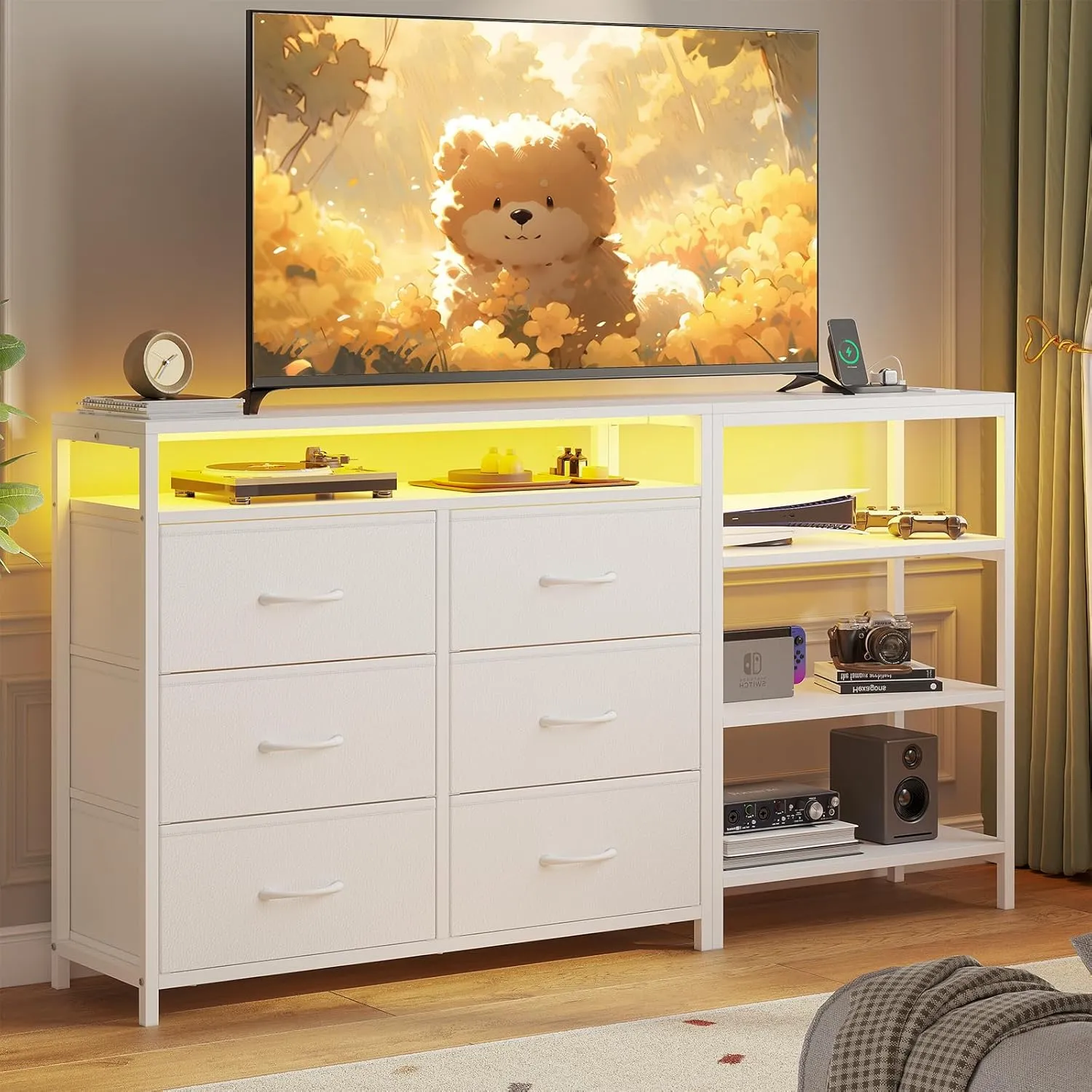 TV Stand for 60 Inch TV,Entertaiment Center with LED Lights & Charging Station,White L Shaped Corner TV Stand with Drawers & Shelves,6 PU Drawers,for Living Room