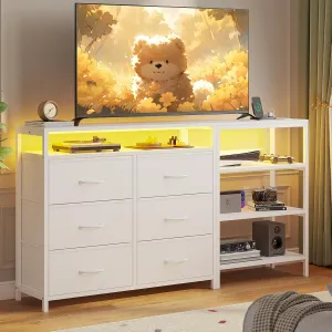 TV Stand for 60 Inch TV,Entertaiment Center with LED Lights & Charging Station,White L Shaped Corner TV Stand with Drawers & Shelves,6 PU Drawers,for Living Room
