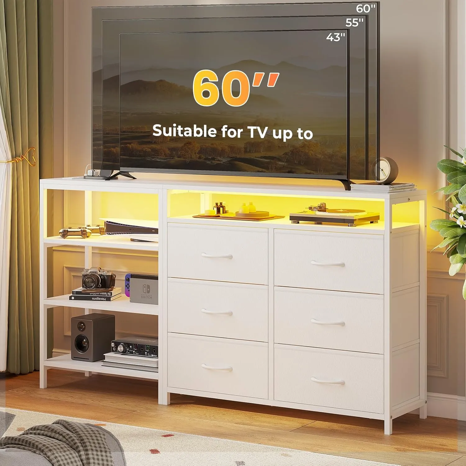 TV Stand for 60 Inch TV,Entertaiment Center with LED Lights & Charging Station,White L Shaped Corner TV Stand with Drawers & Shelves,6 PU Drawers,for Living Room