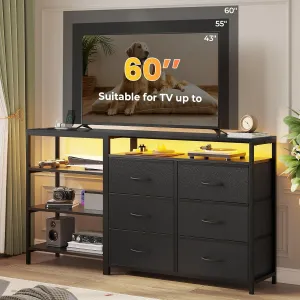 TV Stand for 60 Inch TV,Entertainment Center with Power Outlets and LED Lights,L Shaped Convertible Dresser with Open Shelf, 6 Drawers with PU Finish, for Living Room,Black