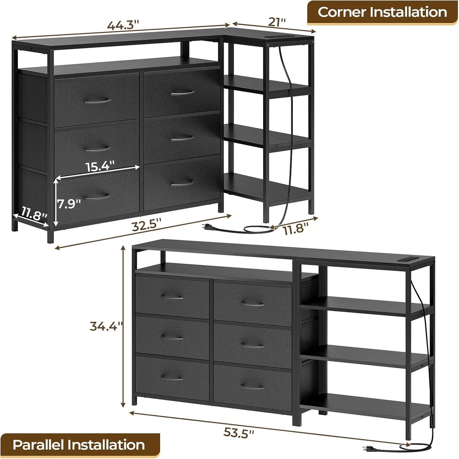 TV Stand for 60 Inch TV,Entertainment Center with Power Outlets and LED Lights,L Shaped Convertible Dresser with Open Shelf, 6 Drawers with PU Finish, for Living Room,Black