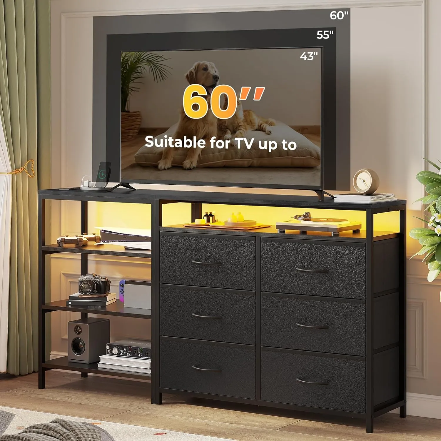 TV Stand for 60 Inch TV,Entertainment Center with Power Outlets and LED Lights,L Shaped Convertible Dresser with Open Shelf, 6 Drawers with PU Finish, for Living Room,Black