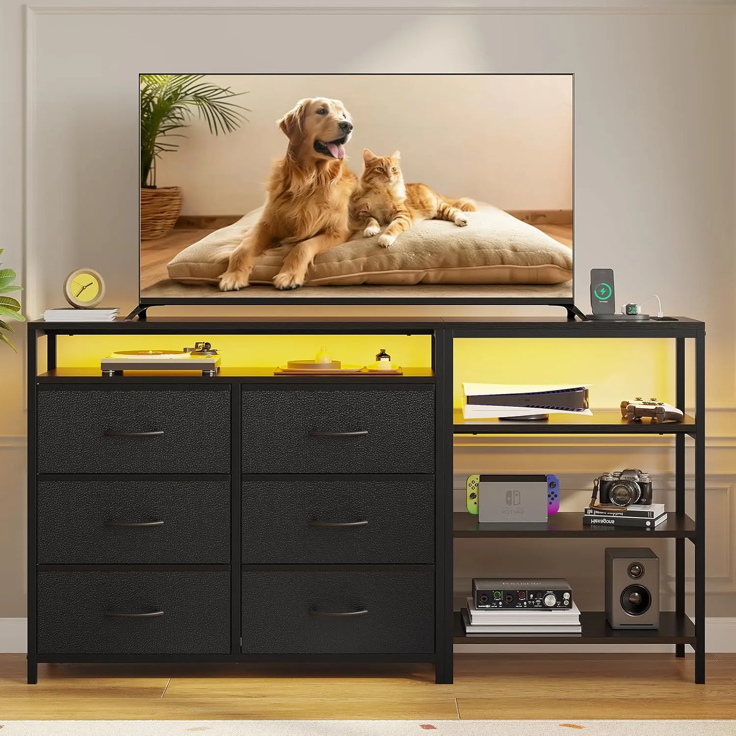 TV Stand for 60 Inch TV,Entertainment Center with Power Outlets and LED Lights,L Shaped Convertible Dresser with Open Shelf, 6 Drawers with PU Finish, for Living Room,Black