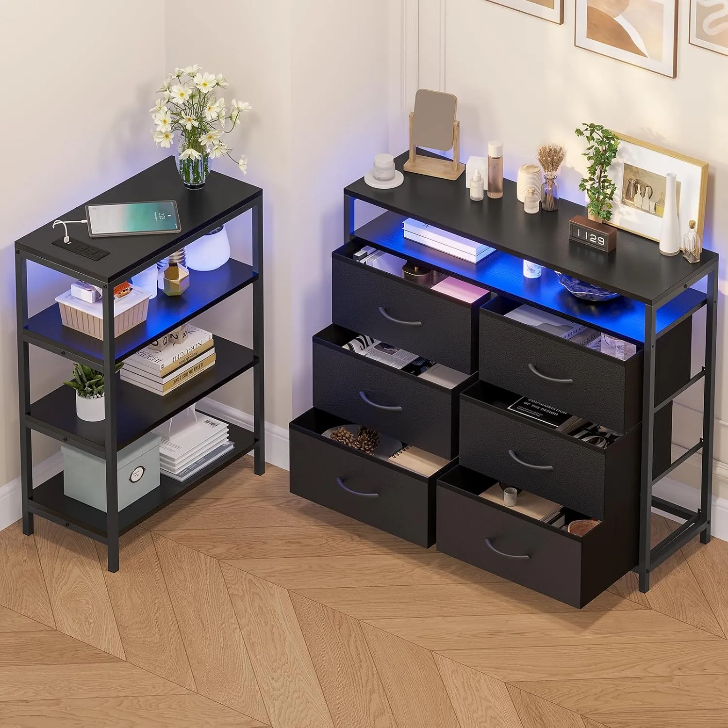 TV Stand for 60 Inch TV,Entertainment Center with Power Outlets and LED Lights,L Shaped Convertible Dresser with Open Shelf, 6 Drawers with PU Finish, for Living Room,Black