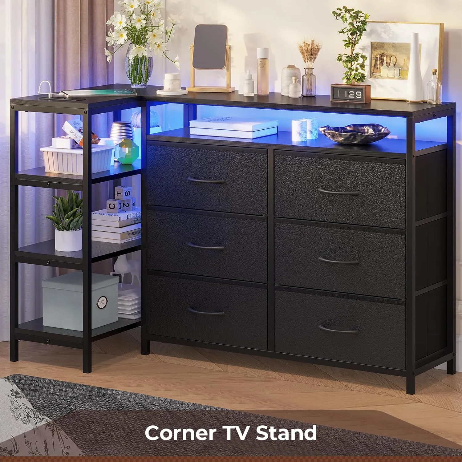 TV Stand for 60 Inch TV,Entertainment Center with Power Outlets and LED Lights,L Shaped Convertible Dresser with Open Shelf, 6 Drawers with PU Finish, for Living Room,Black
