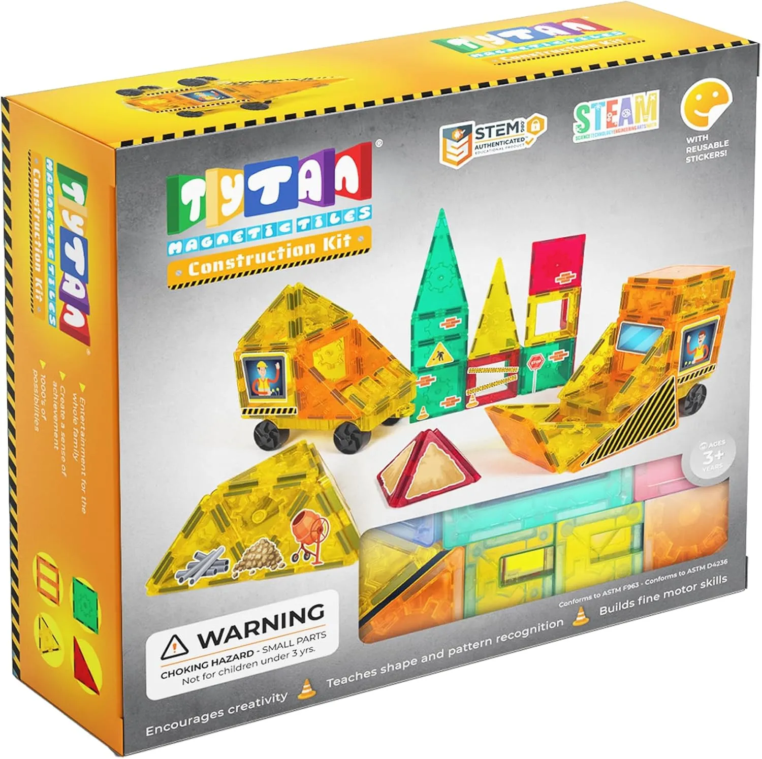Tytan Tiles Construction Site & Trucks 60-Piece Magnetic Tiles Building Set, Fun Kids’ STEM Toy, Creative Play, Shape & Pattern Recognition, Fine Motor Skills, Includes Storage Bag, Ages 3 and Up