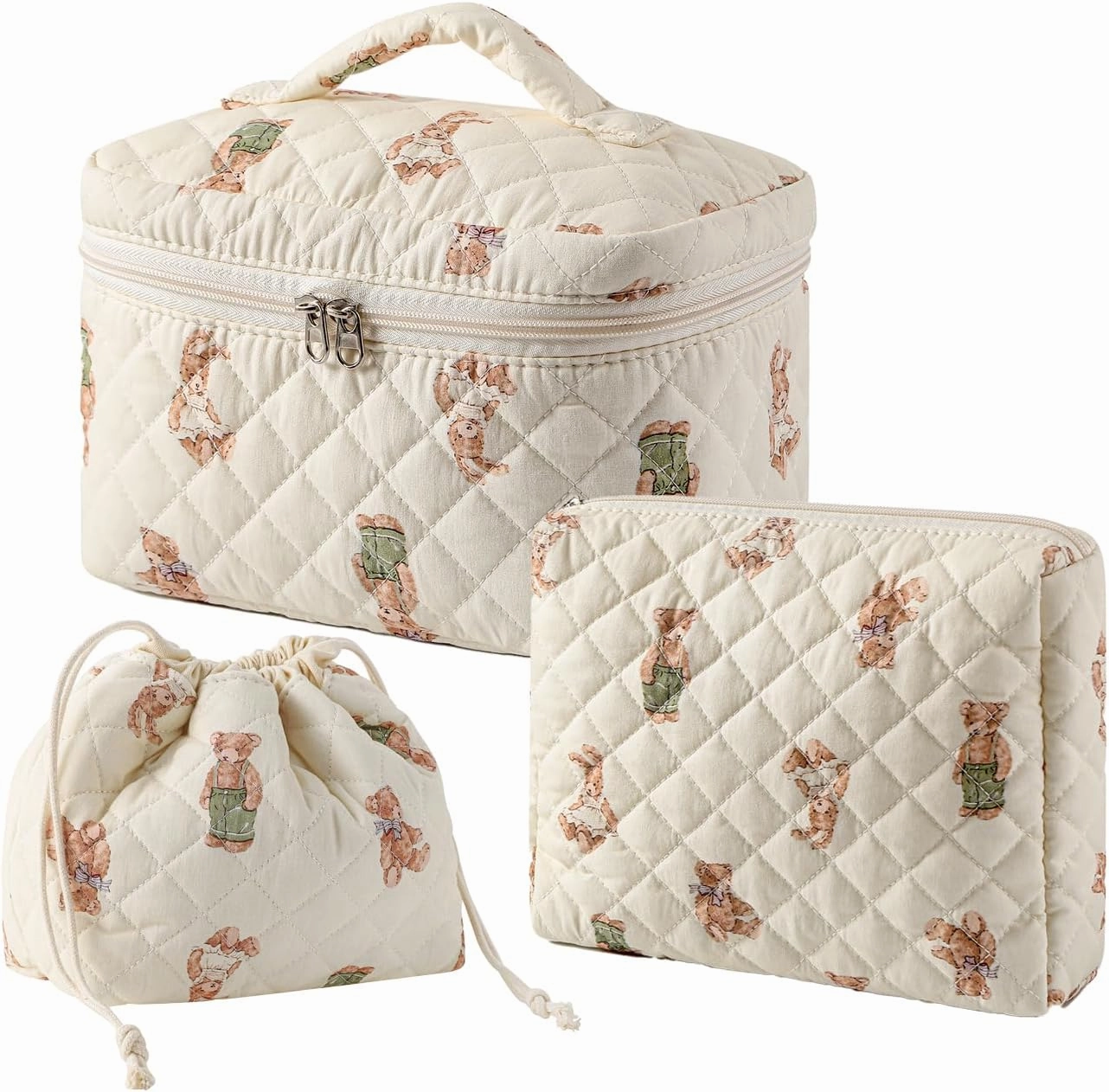 uekeboag 2 pcs Large Floral Quilted Makeup Bag Set for Women, Cotton Quilted Big Cosmetic Bag, Coquette Aesthetic Cute Travel Toiletry Bag