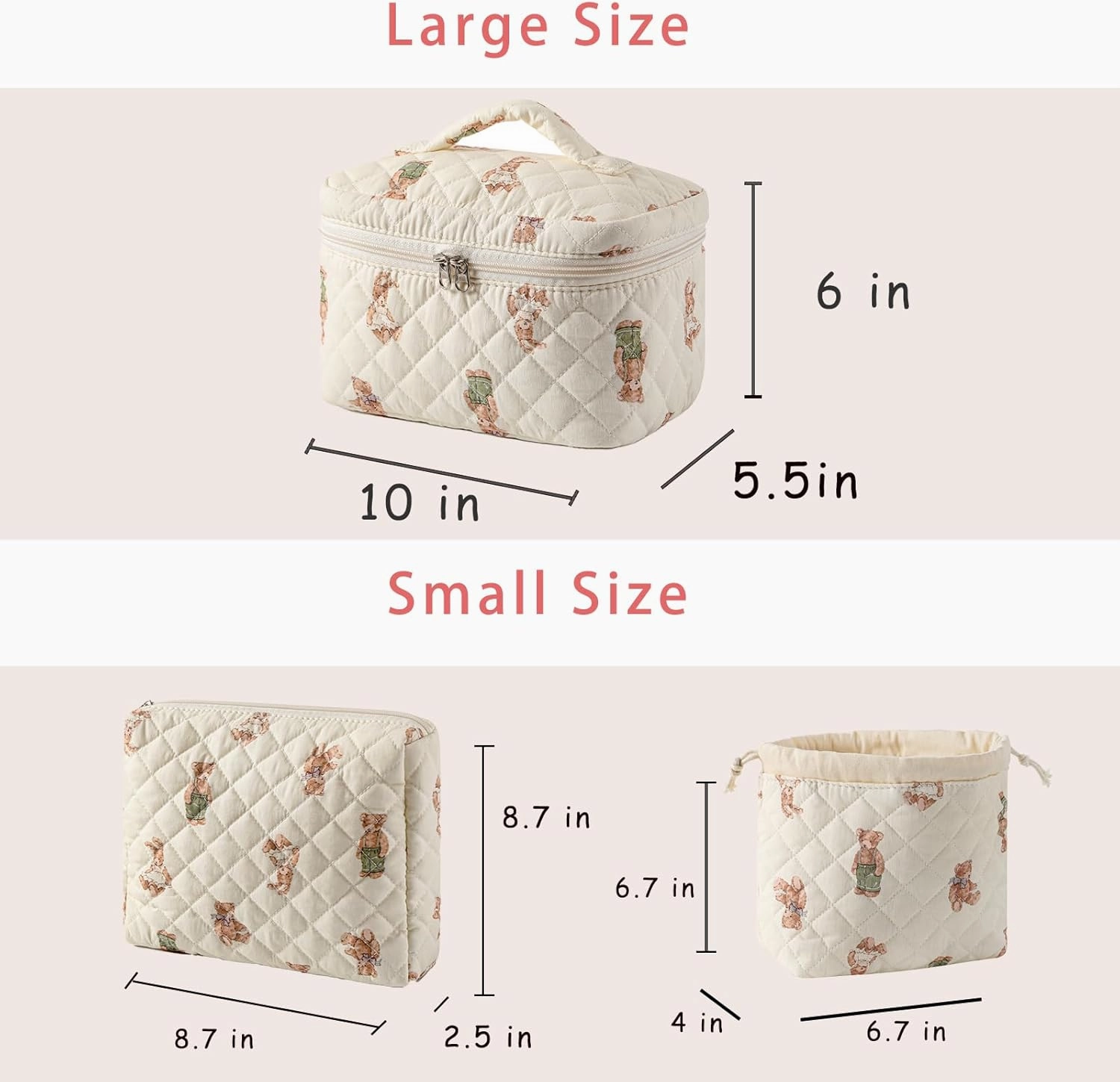 uekeboag 2 pcs Large Floral Quilted Makeup Bag Set for Women, Cotton Quilted Big Cosmetic Bag, Coquette Aesthetic Cute Travel Toiletry Bag