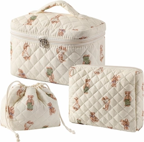 uekeboag 2 pcs Large Floral Quilted Makeup Bag Set for Women, Cotton Quilted Big Cosmetic Bag, Coquette Aesthetic Cute Travel Toiletry Bag