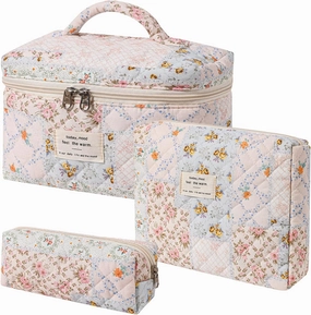 uekeboag 3Pcs Quilted Cotton Makeup Bag,Coquette Quilted Toiletry Bag for Women and Girls,Floral Coquette Pouch,Cute Kawaii Travel Cosmetic Bags(3Pcs pink flower)
