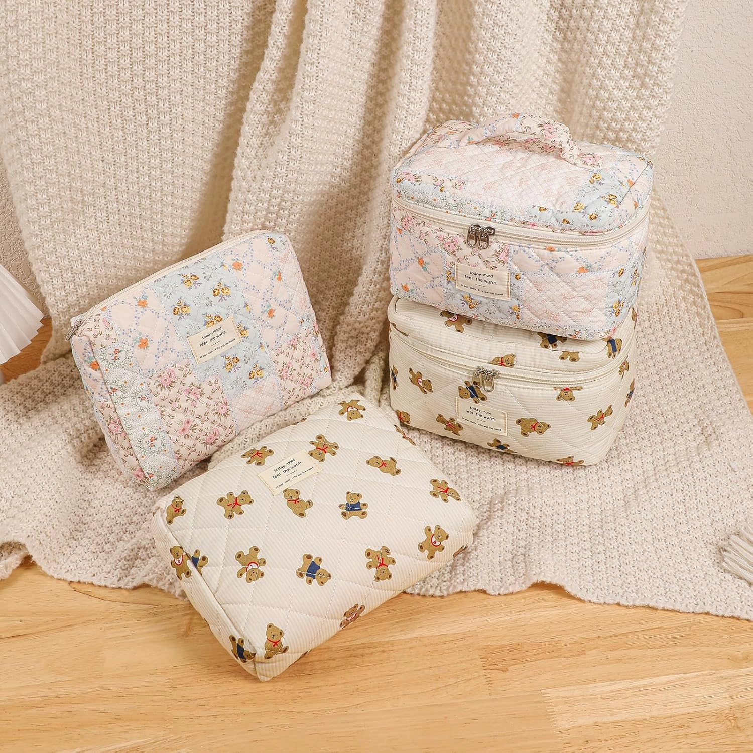 uekeboag 3Pcs Quilted Cotton Makeup Bag,Coquette Quilted Toiletry Bag for Women and Girls,Floral Coquette Pouch,Cute Kawaii Travel Cosmetic Bags(3Pcs pink flower)