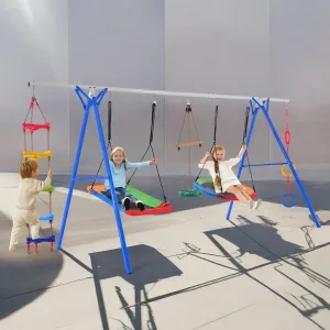 Ultimate Backyard Playground, 5-in-1 Kids Swing Set with Steel Frame, Multifunction Playsets for Kids with Climbing Ladder, Saucer Swing, Monkey Bar Swing, Disc Swing and Swing Ring (Blue/5 in 1)