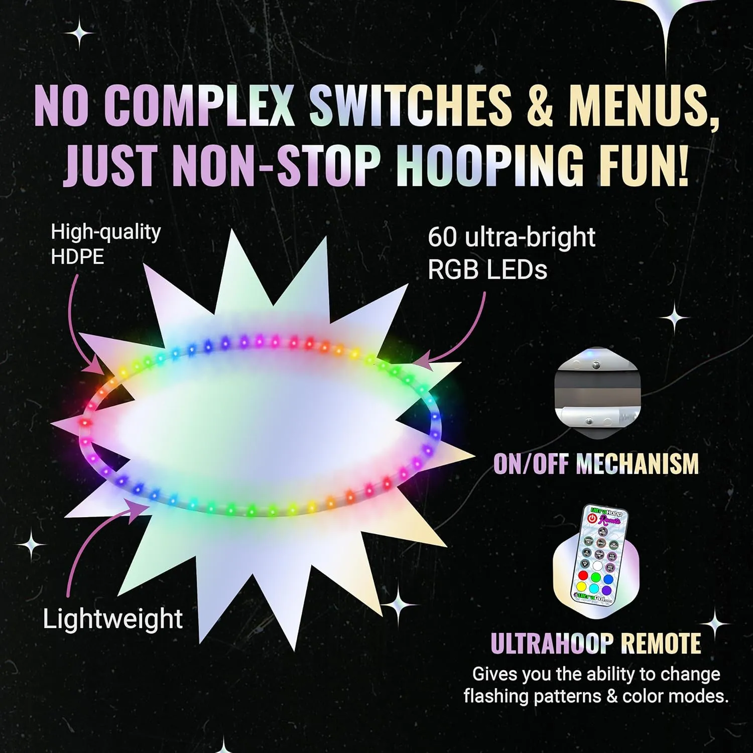 UltraHoop Remote LED Hoop - Wireless Control 60 Color Changing LED Lights w/ 300  Modes & Patterns - Rechargeable Battery, HDPE Collapsible, Advanced to Beginner Hoola Hoops - 30” x 5/8" OD - UltraPoi