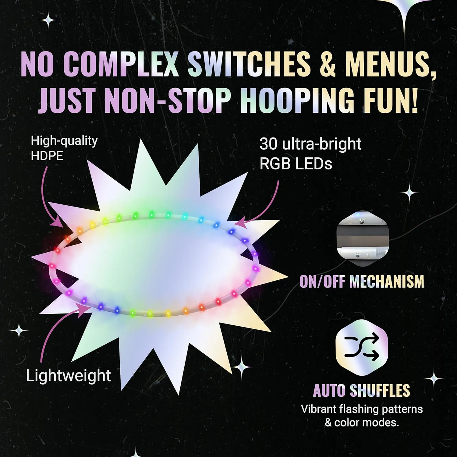 UltraPoi UltraHoop Shuffle LED Hoop – Smart Auto Color Changing LEDs w/ 100  Light Patterns – Rechargeable, Collapsible, Beginner to Advanced Glow in the Dark Flow Toys Hoola Hoops for Raves & Parties
