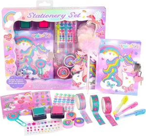 Unicorn Gifts for Girls 5 6 7 8 9 10-12 Years Old, Kids Unicorn Stationery Set with Secret Diary, Stamps, Pens, Journal Notebook Birthday Gifts for Little Girls