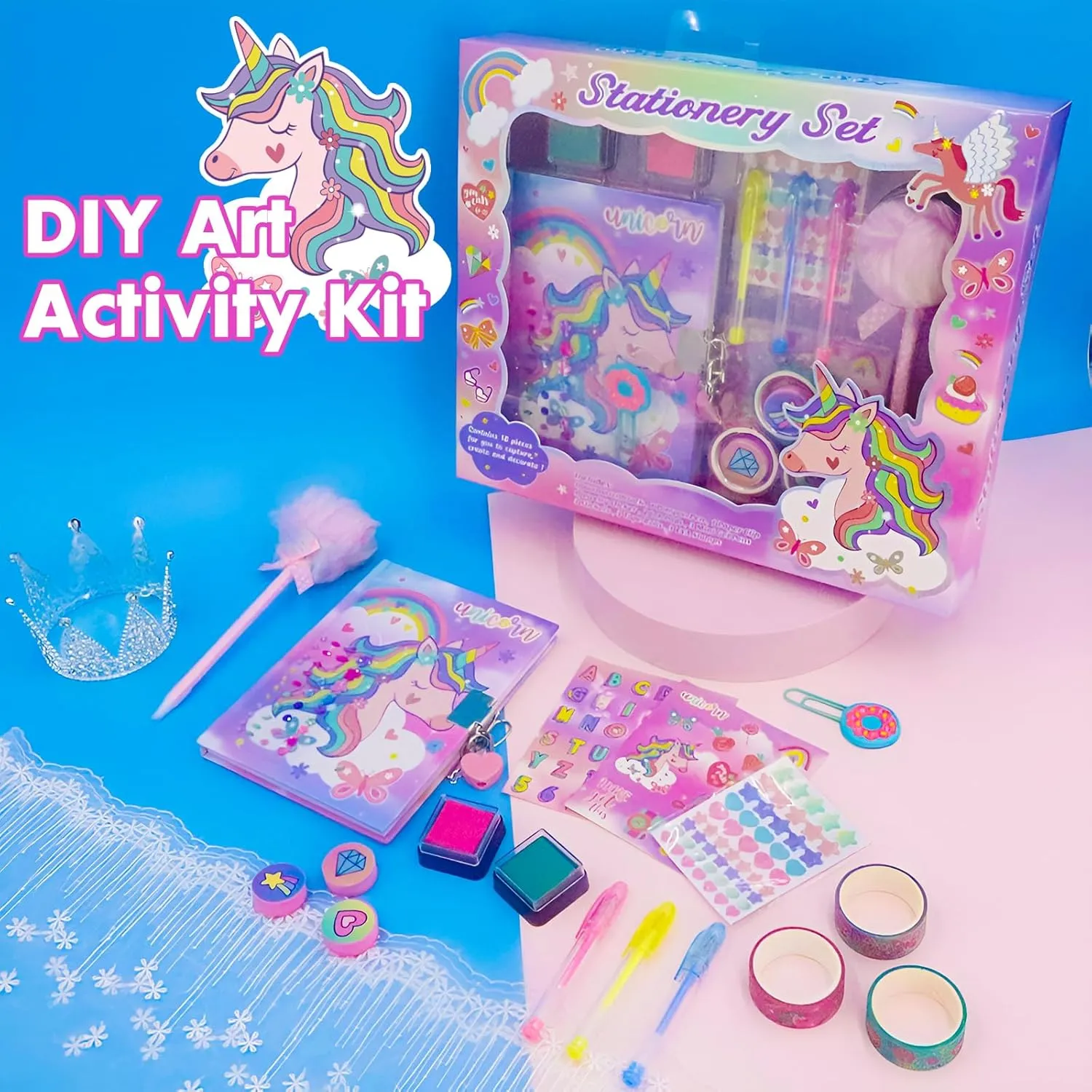 Unicorn Gifts for Girls 5 6 7 8 9 10-12 Years Old, Kids Unicorn Stationery Set with Secret Diary, Stamps, Pens, Journal Notebook Birthday Gifts for Little Girls