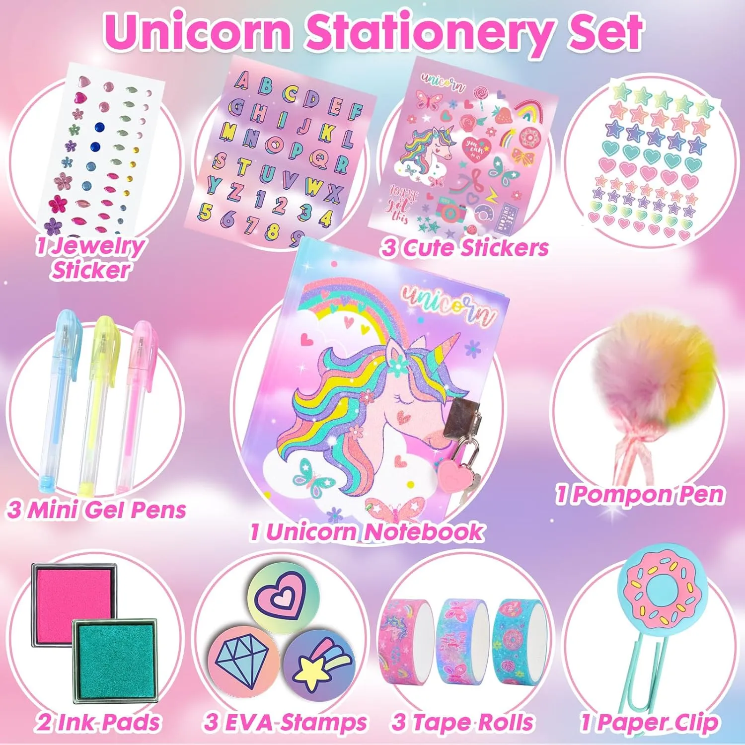 Unicorn Gifts for Girls 5 6 7 8 9 10-12 Years Old, Kids Unicorn Stationery Set with Secret Diary, Stamps, Pens, Journal Notebook Birthday Gifts for Little Girls