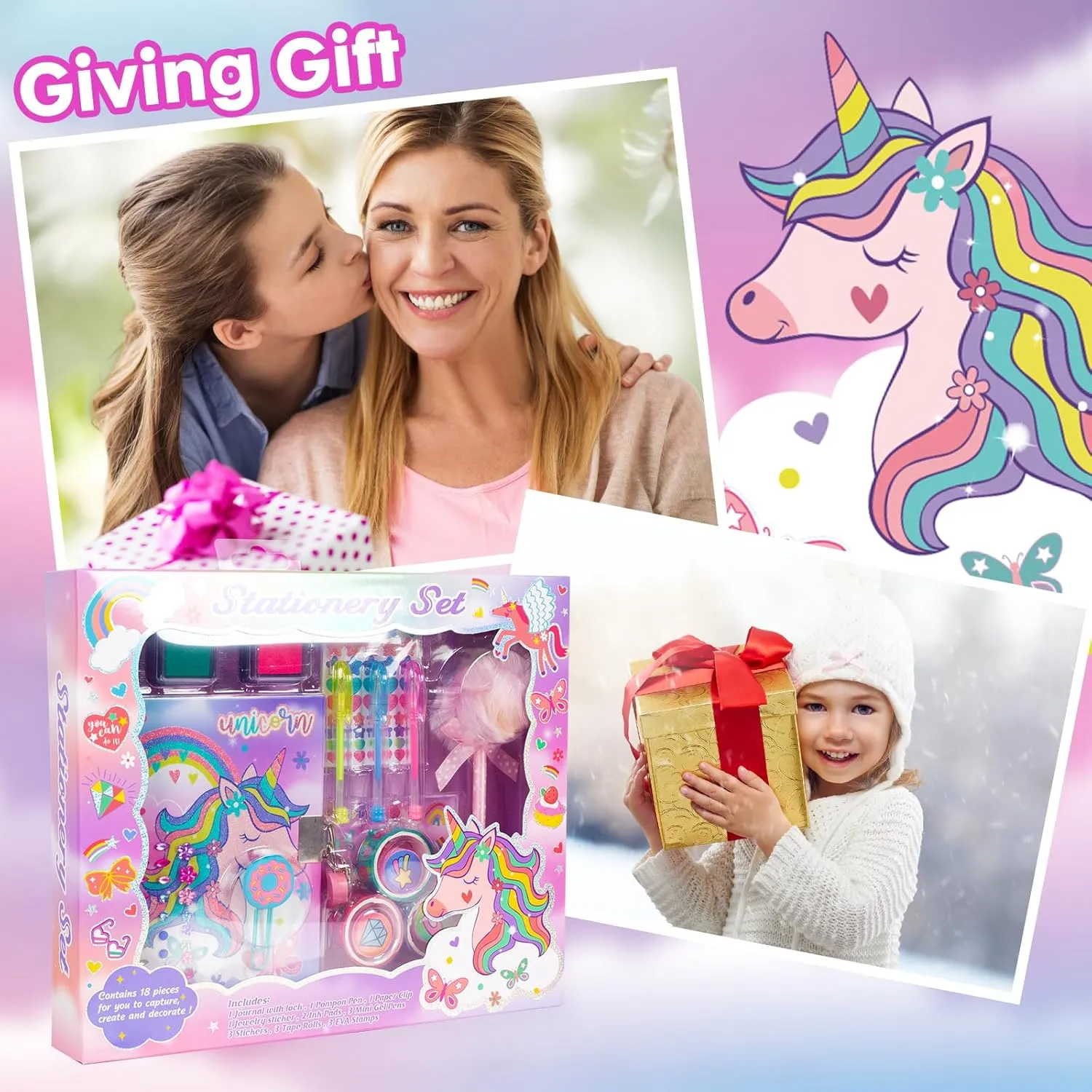 Unicorn Gifts for Girls 5 6 7 8 9 10-12 Years Old, Kids Unicorn Stationery Set with Secret Diary, Stamps, Pens, Journal Notebook Birthday Gifts for Little Girls