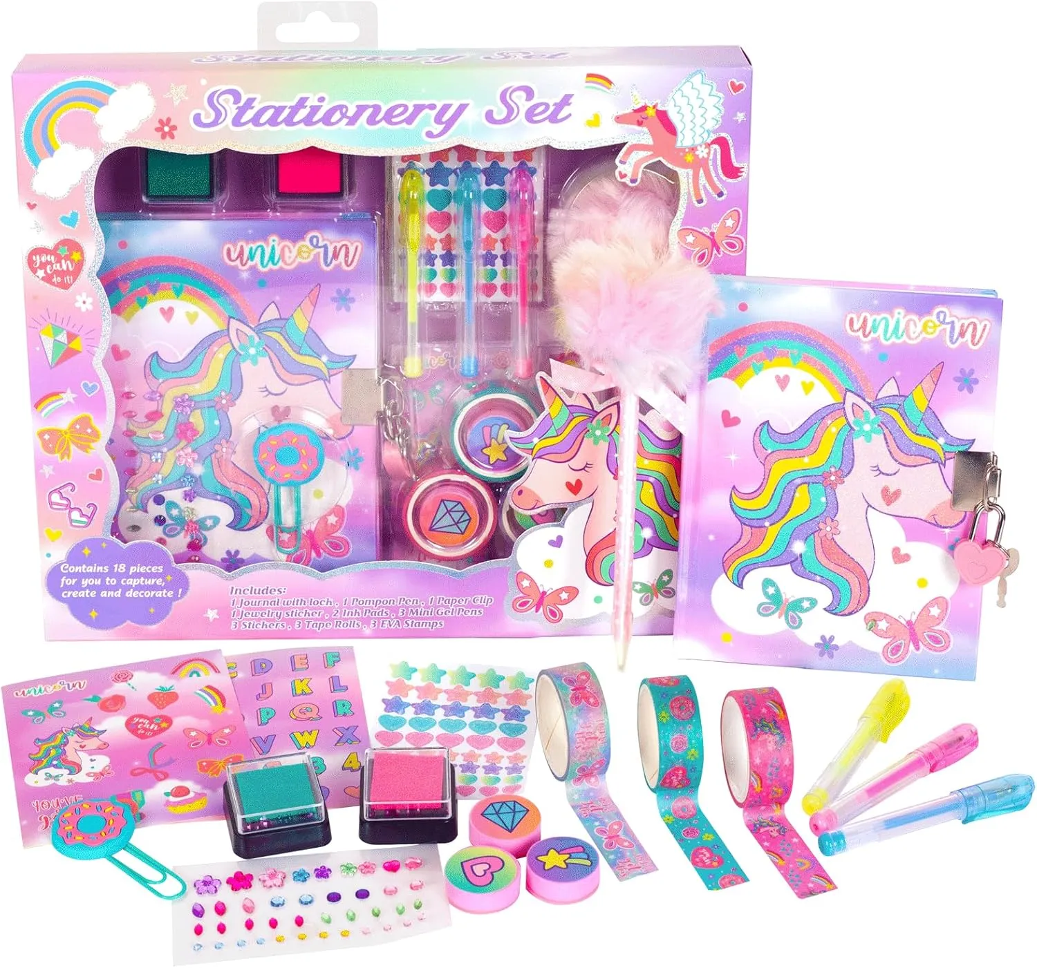 Unicorn Gifts for Girls 5 6 7 8 9 10-12 Years Old, Kids Unicorn Stationery Set with Secret Diary, Stamps, Pens, Journal Notebook Birthday Gifts for Little Girls