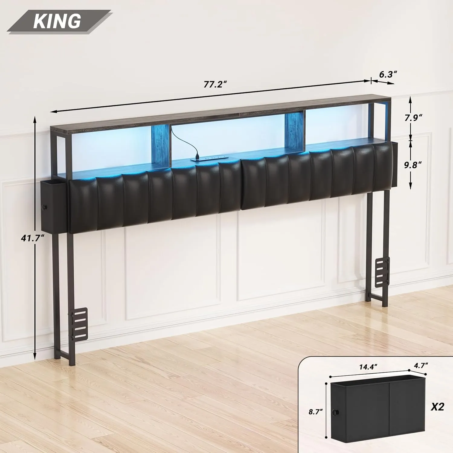 Unikito Upholstered King Headboard with Two Hidden Drawer Storage, Headboard for King Size with Power Outlet and LED Light, King Size Headboard Only, Sturdy and Stable Headboard for Bedroom, Gray Oak
