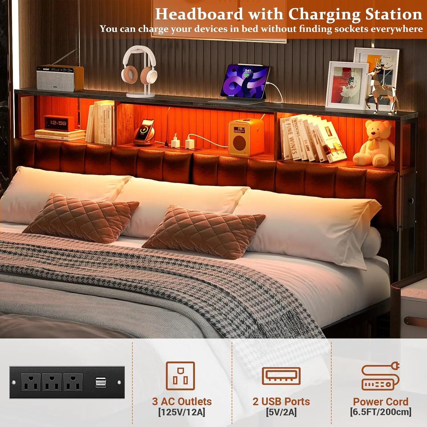 Unikito Upholstered King Headboard with Two Hidden Drawer Storage, Headboard for King Size with Power Outlet and LED Light, King Size Headboard Only, Sturdy and Stable Headboard for Bedroom, Gray Oak