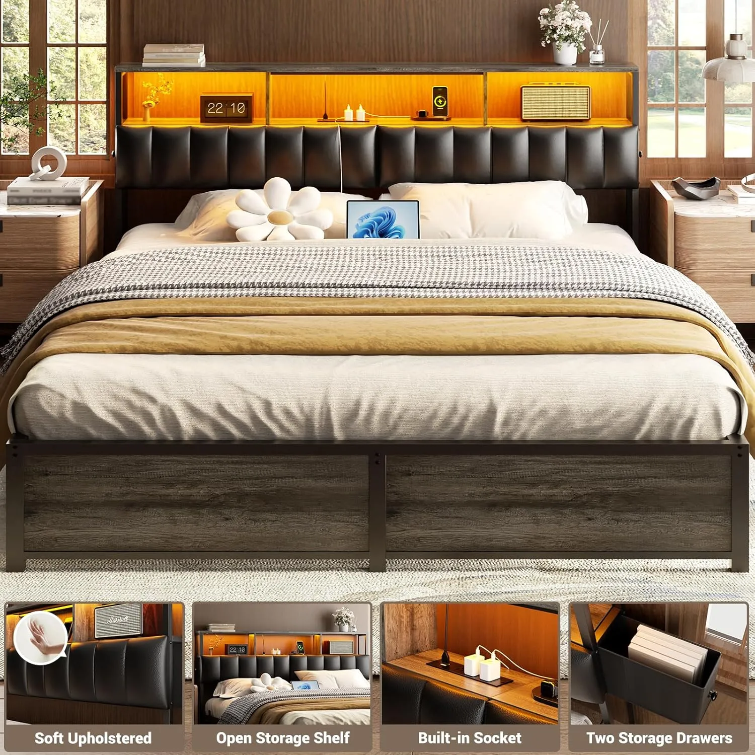 Unikito Upholstered King Headboard with Two Hidden Drawer Storage, Headboard for King Size with Power Outlet and LED Light, King Size Headboard Only, Sturdy and Stable Headboard for Bedroom, Gray Oak