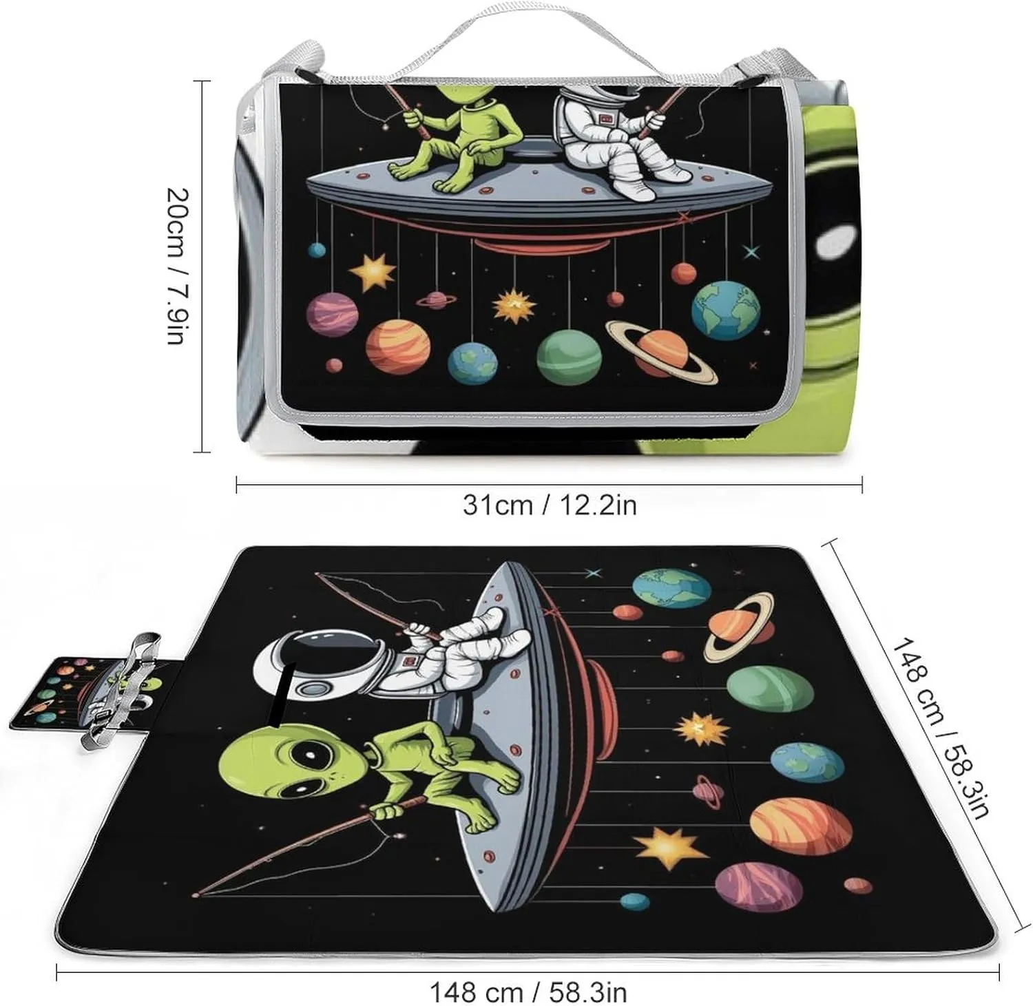Unique Pattern Outdoor Mat for Women Men, Sandproof Waterproof Alien and Astronaut Space Fishing Trip Blankets for Camping Park Travel Beach