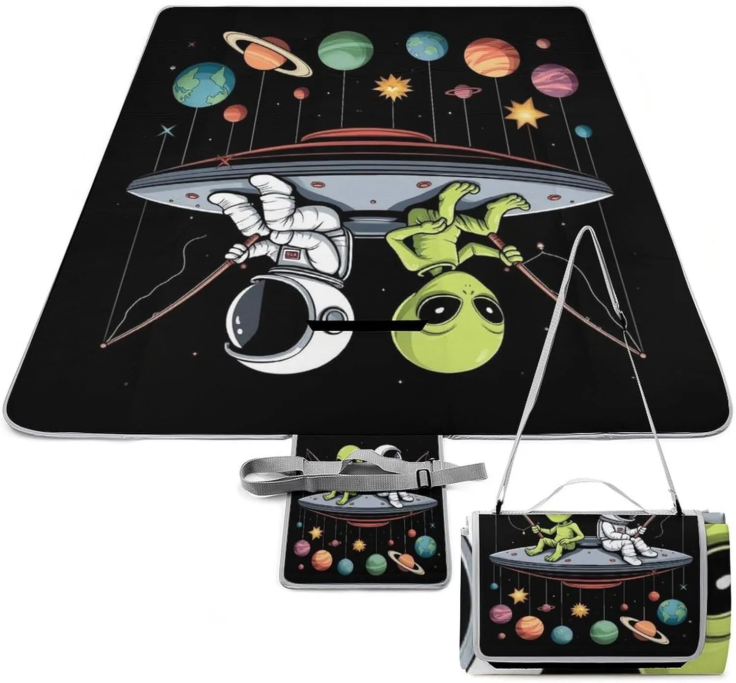 Unique Pattern Outdoor Mat for Women Men, Sandproof Waterproof Alien and Astronaut Space Fishing Trip Blankets for Camping Park Travel Beach