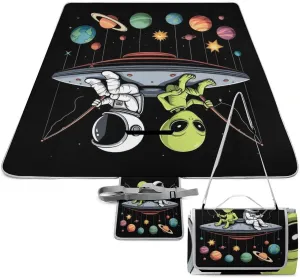 Unique Pattern Outdoor Mat for Women Men, Sandproof Waterproof Alien and Astronaut Space Fishing Trip Blankets for Camping Park Travel Beach