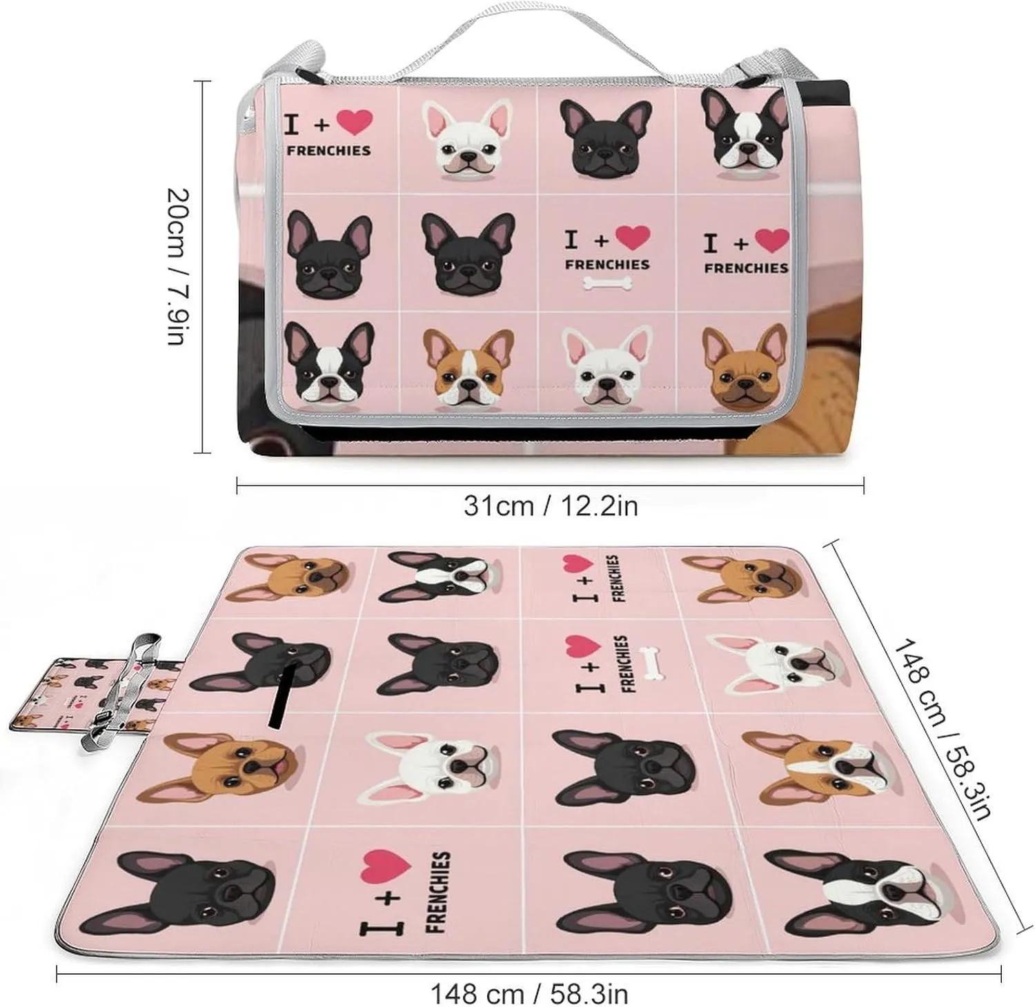 Unique Pattern Outdoor Mat for Women Men, Sandproof Waterproof I Love French Bulldogs Cute Blankets for Camping Park Travel Beach