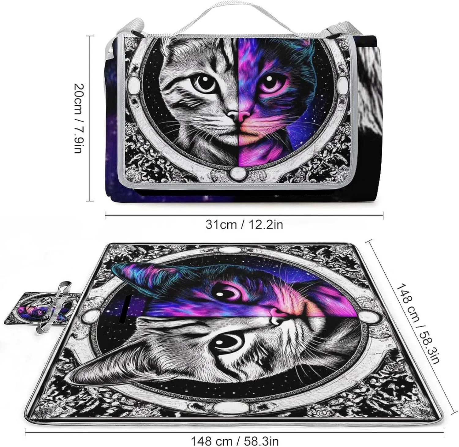 Unique Pattern Outdoor Mat for Women Men, Sandproof Waterproof Space Witch Black Cat Goth Kitten Art Blankets for Camping Park Travel Beach