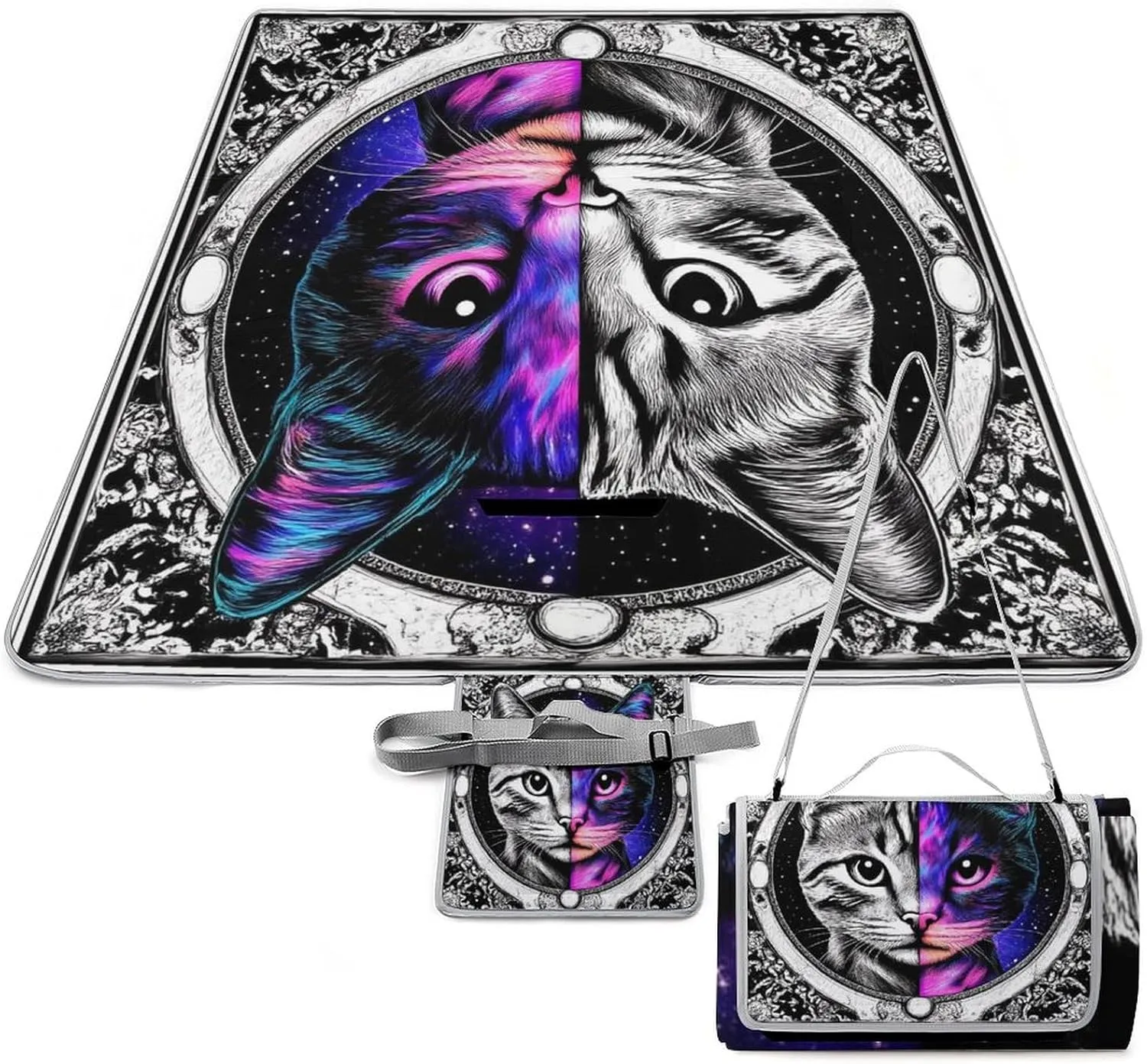 Unique Pattern Outdoor Mat for Women Men, Sandproof Waterproof Space Witch Black Cat Goth Kitten Art Blankets for Camping Park Travel Beach