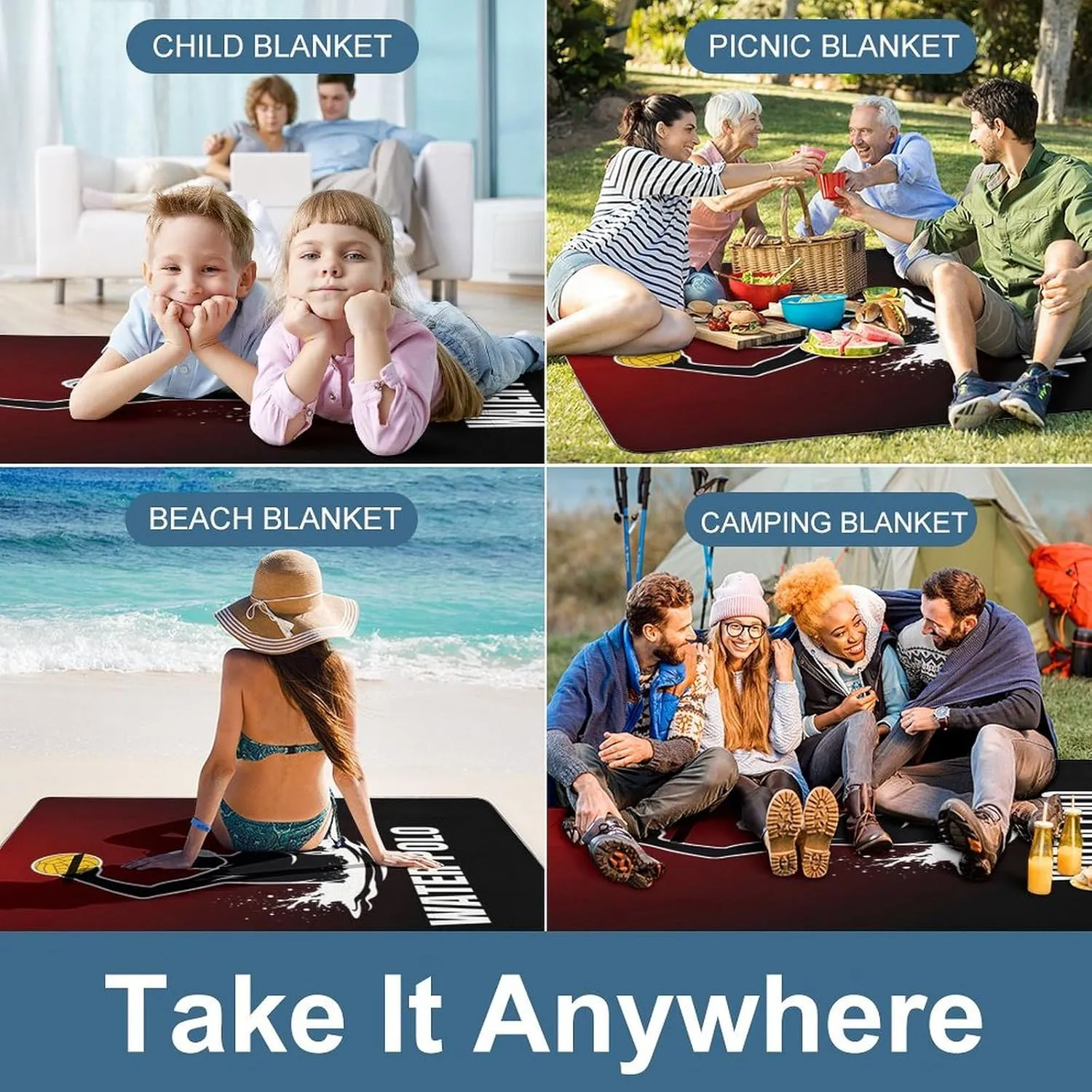 Unique Pattern Outdoor Mat for Women Men, Sandproof Waterproof Water Polo Ball Art Blankets for Camping Park Travel Beach